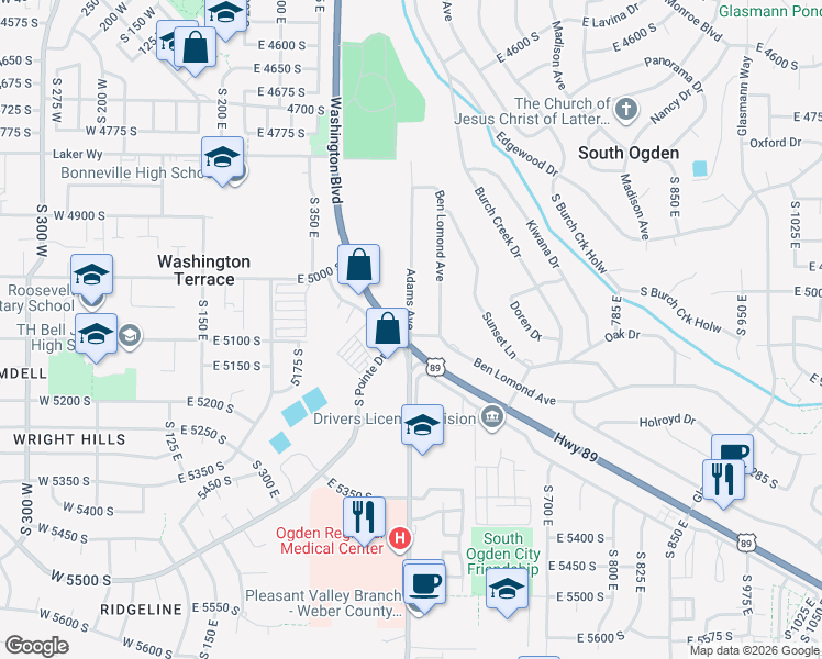 map of restaurants, bars, coffee shops, grocery stores, and more near 5526 Adams Avenue in South Ogden