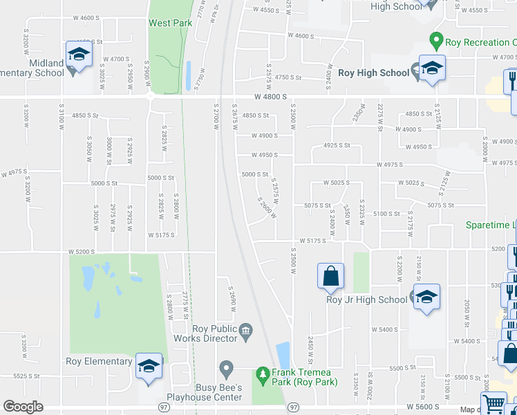 map of restaurants, bars, coffee shops, grocery stores, and more near 2656 West 5100 South in Roy