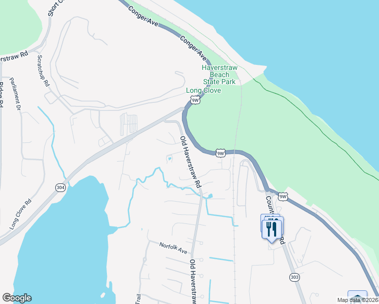 map of restaurants, bars, coffee shops, grocery stores, and more near 298 Old Haverstraw Road in Congers