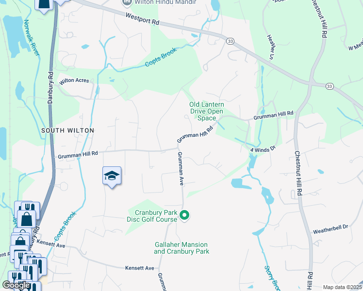map of restaurants, bars, coffee shops, grocery stores, and more near 121 Grumman Hill Road in Wilton