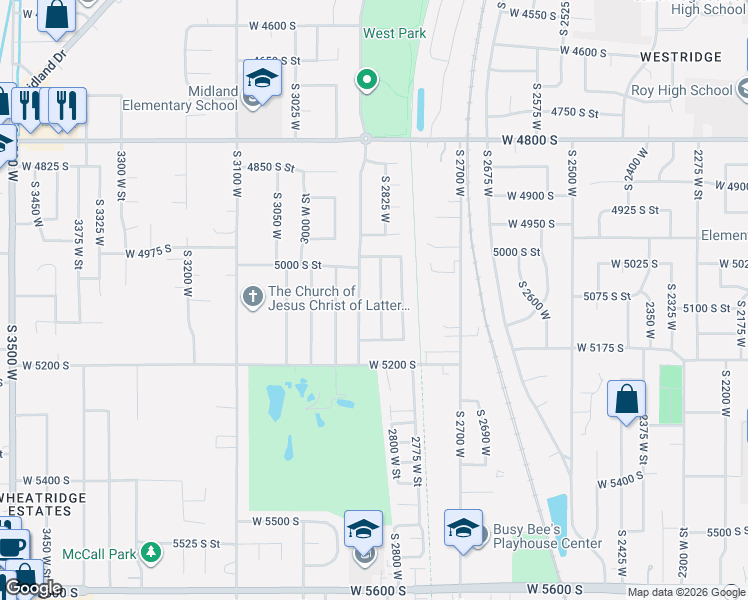map of restaurants, bars, coffee shops, grocery stores, and more near 5079 South 2825 West in Roy
