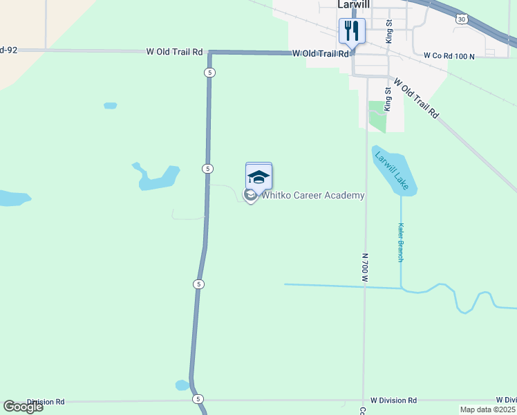 map of restaurants, bars, coffee shops, grocery stores, and more near 710 Indiana 5 in Larwill