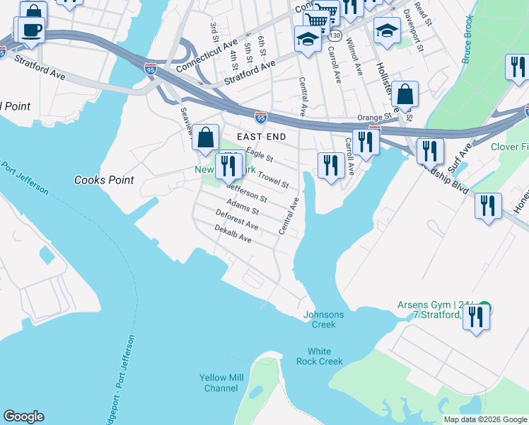 map of restaurants, bars, coffee shops, grocery stores, and more near 270 Adams Street in Bridgeport