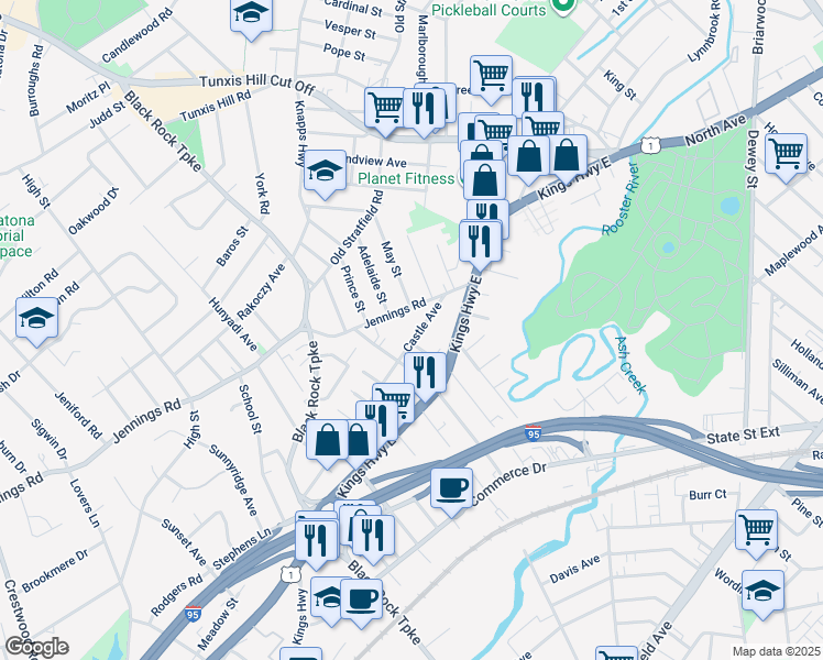 map of restaurants, bars, coffee shops, grocery stores, and more near 133 Castle Avenue in Fairfield