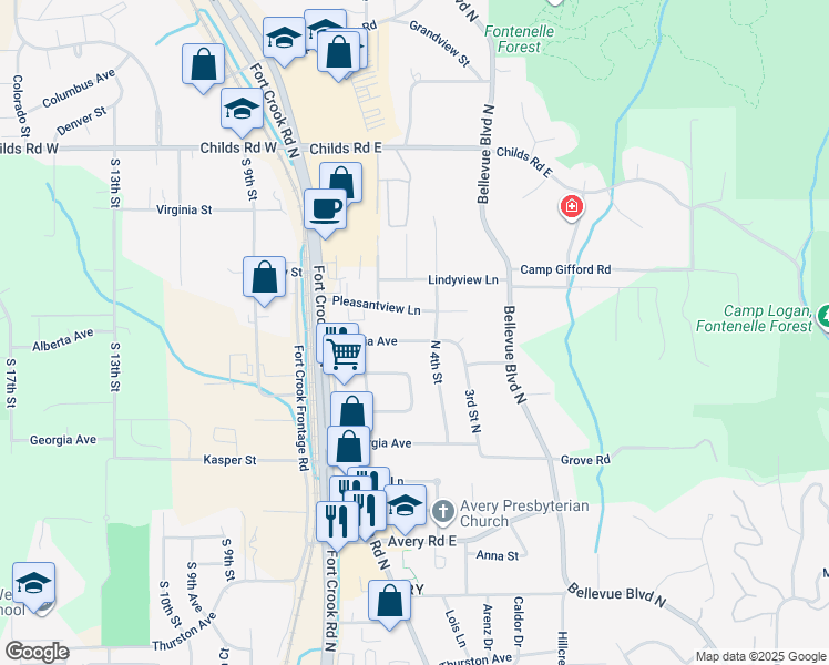 map of restaurants, bars, coffee shops, grocery stores, and more near 2101 Virginia Avenue in Bellevue