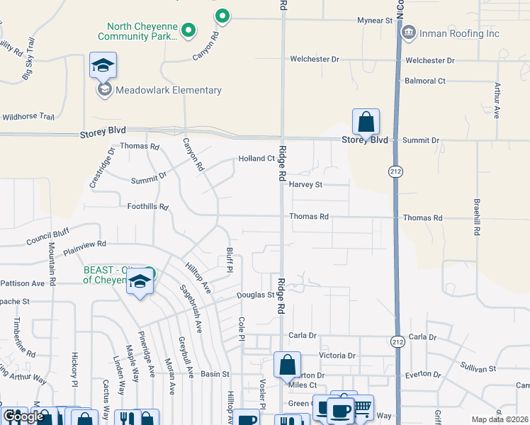 map of restaurants, bars, coffee shops, grocery stores, and more near 3351-3399 Johnson St in Cheyenne