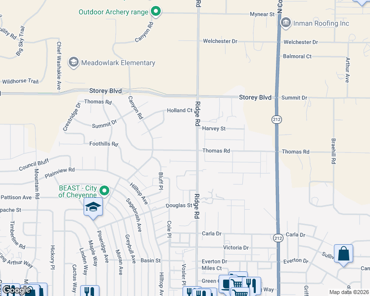 map of restaurants, bars, coffee shops, grocery stores, and more near 3351-3399 Johnson St in Cheyenne