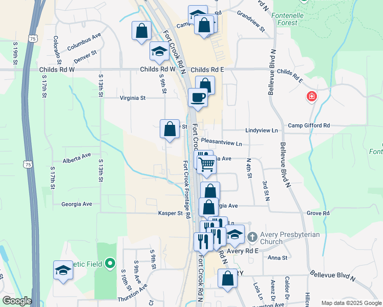 map of restaurants, bars, coffee shops, grocery stores, and more near 510 Fort Crook Frontage Road in Bellevue