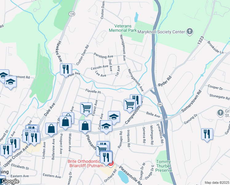 map of restaurants, bars, coffee shops, grocery stores, and more near 57 Stone Avenue in Ossining