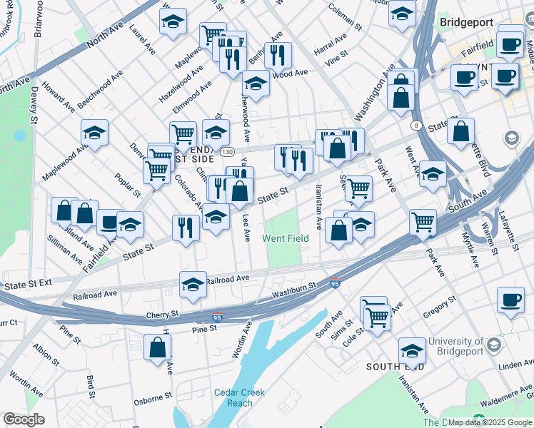 map of restaurants, bars, coffee shops, grocery stores, and more near 390 Hanover Street in Bridgeport