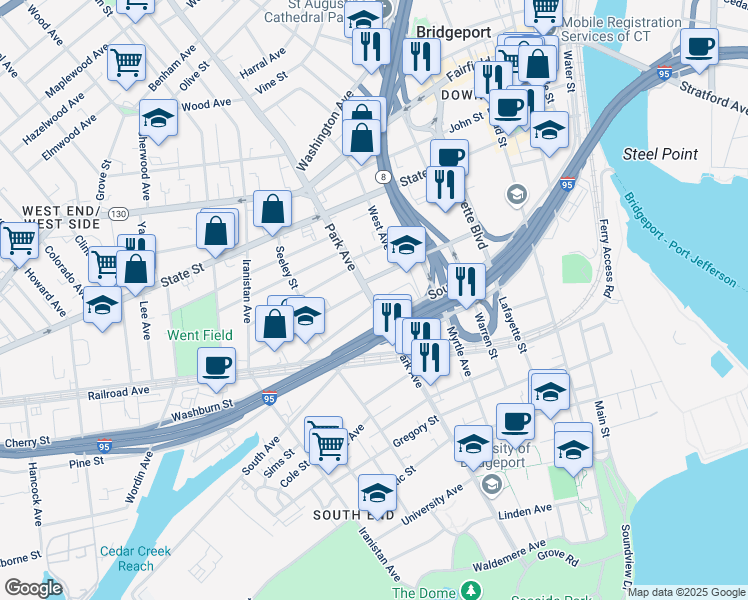 map of restaurants, bars, coffee shops, grocery stores, and more near 680 Park Avenue in Bridgeport