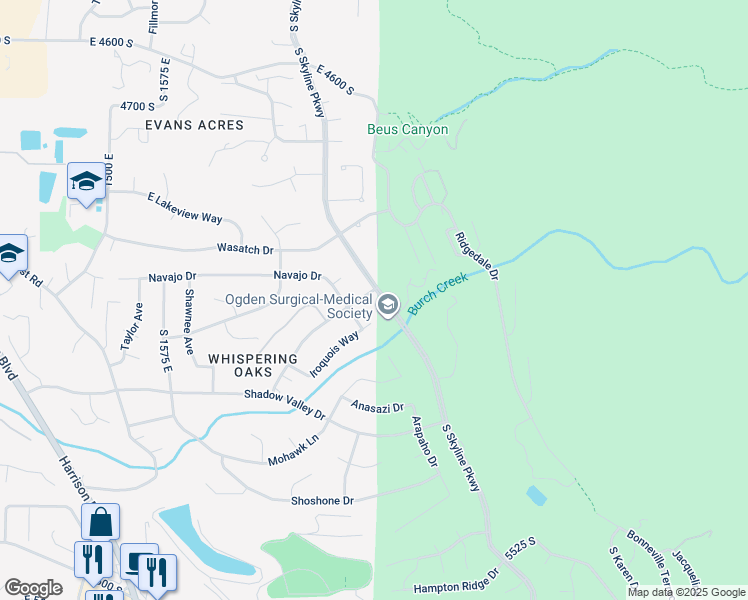 map of restaurants, bars, coffee shops, grocery stores, and more near 5061 South Skyline Parkway in Ogden