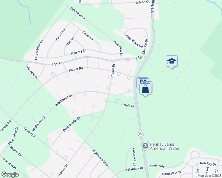 map of restaurants, bars, coffee shops, grocery stores, and more near 1055 Hunter Drive in Tobyhanna