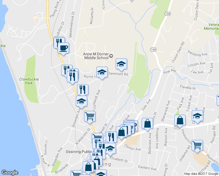 map of restaurants, bars, coffee shops, grocery stores, and more near 2 Claremont Road in Ossining