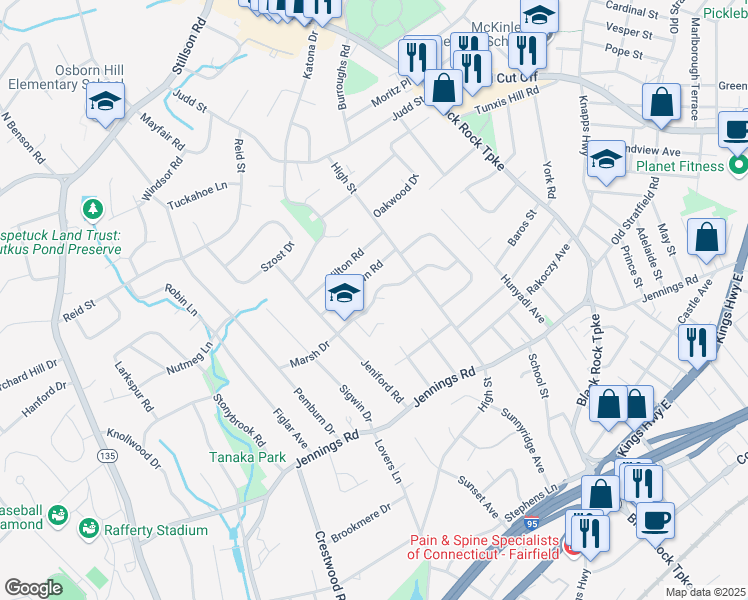 map of restaurants, bars, coffee shops, grocery stores, and more near 200 Meadowcroft Road in Fairfield