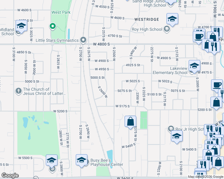 map of restaurants, bars, coffee shops, grocery stores, and more near 5063 South 2500 West in Roy