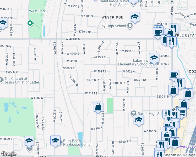 map of restaurants, bars, coffee shops, grocery stores, and more near 2387 West 5025 South in Roy