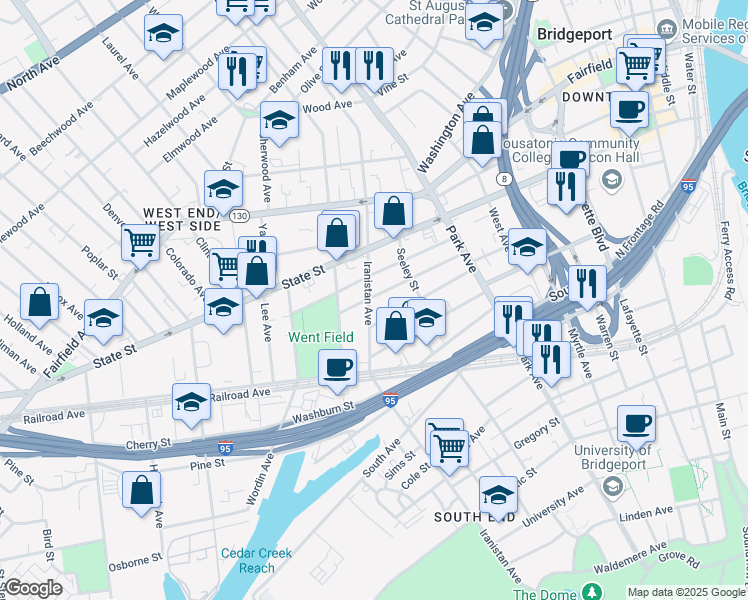 map of restaurants, bars, coffee shops, grocery stores, and more near 841 Iranistan Avenue in Bridgeport
