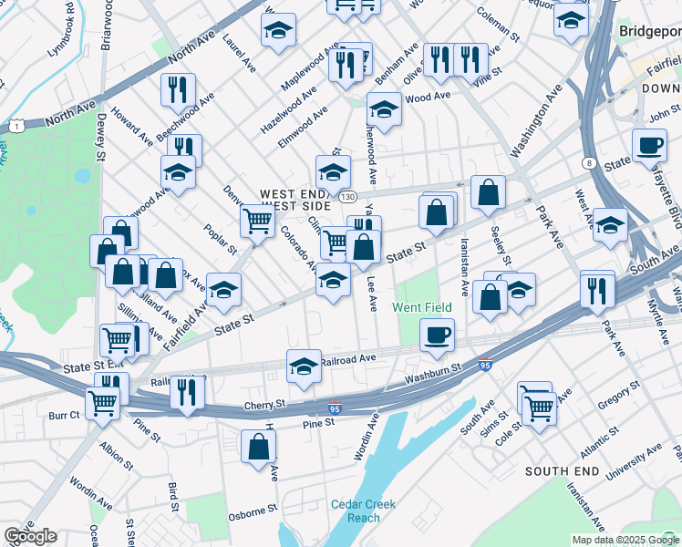 map of restaurants, bars, coffee shops, grocery stores, and more near 269 Clinton Avenue in Bridgeport