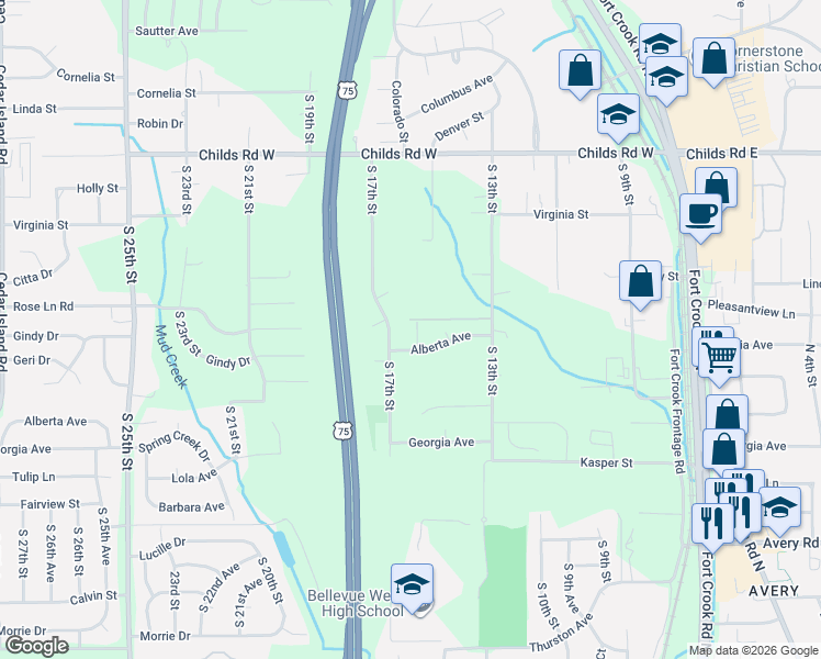 map of restaurants, bars, coffee shops, grocery stores, and more near 1611 Cary Circle in Bellevue