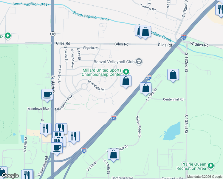 map of restaurants, bars, coffee shops, grocery stores, and more near 13822 Greenfield Road in Omaha