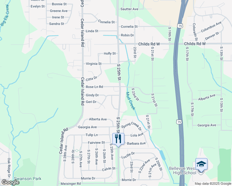 map of restaurants, bars, coffee shops, grocery stores, and more near 8779 South 25th Street in Bellevue