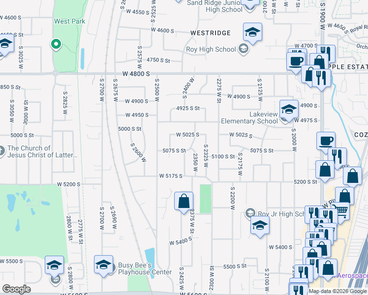 map of restaurants, bars, coffee shops, grocery stores, and more near 2387 West 5025 South in Roy