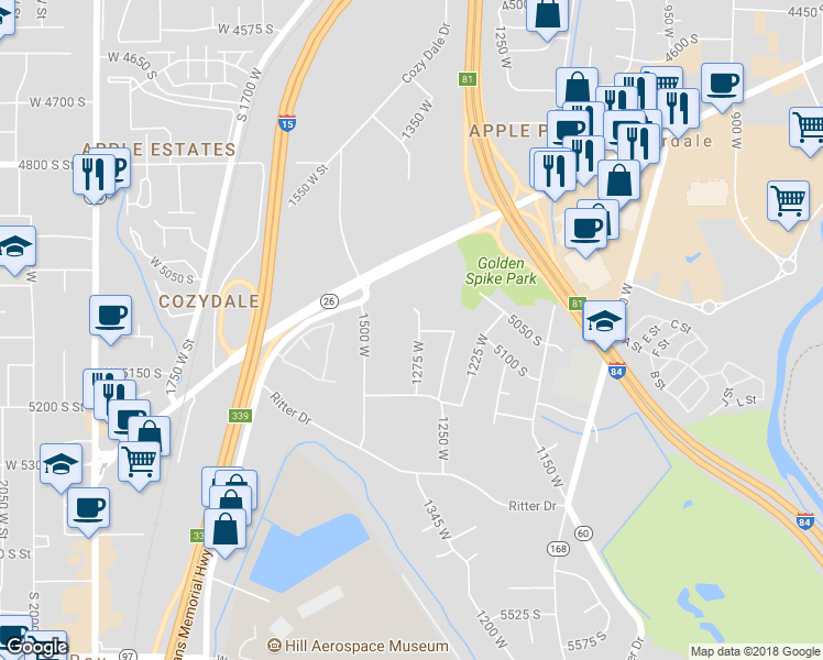 map of restaurants, bars, coffee shops, grocery stores, and more near 5099 1275 West in Ogden