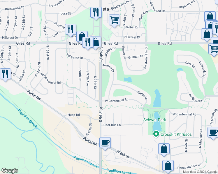 map of restaurants, bars, coffee shops, grocery stores, and more near 1011 Norton Drive in Papillion