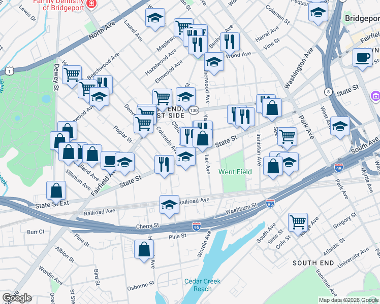map of restaurants, bars, coffee shops, grocery stores, and more near 269 Clinton Avenue in Bridgeport
