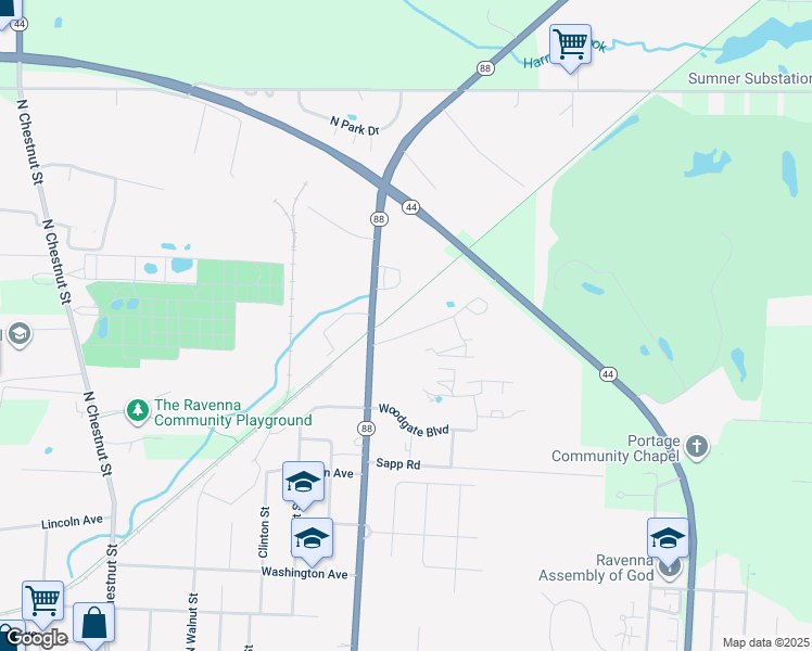map of restaurants, bars, coffee shops, grocery stores, and more near 743 Coe Road in Ravenna