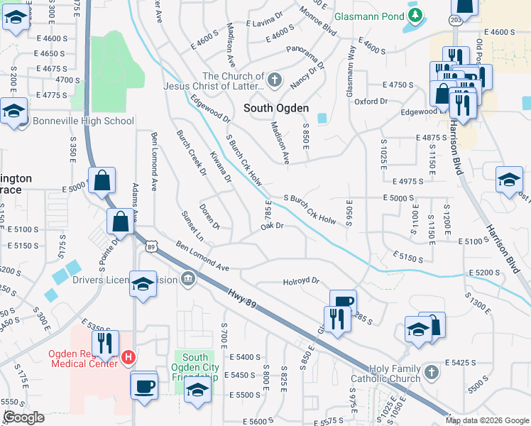 map of restaurants, bars, coffee shops, grocery stores, and more near 797 East Burch Creek Hollow in Ogden