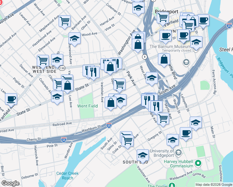 map of restaurants, bars, coffee shops, grocery stores, and more near 89 Cottage Street in Bridgeport
