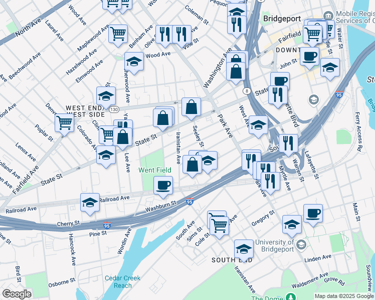 map of restaurants, bars, coffee shops, grocery stores, and more near 162 Cottage Street in Bridgeport