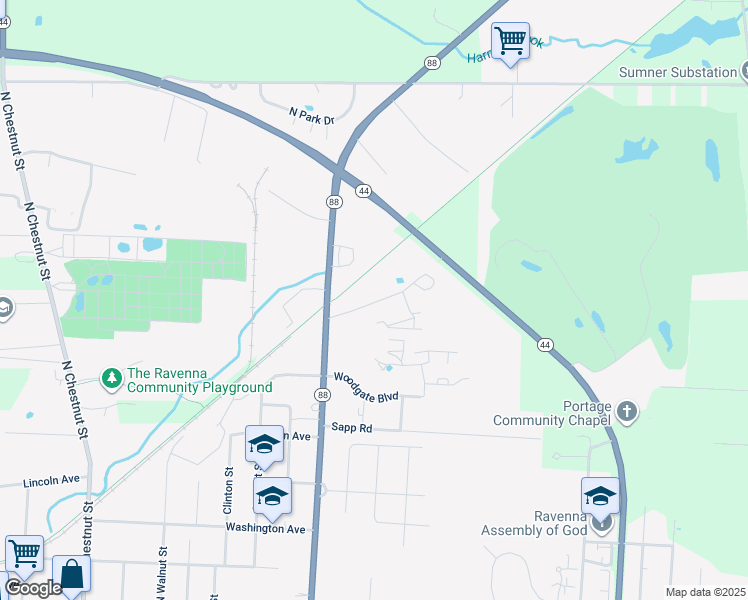 map of restaurants, bars, coffee shops, grocery stores, and more near 743 Coe Road in Ravenna