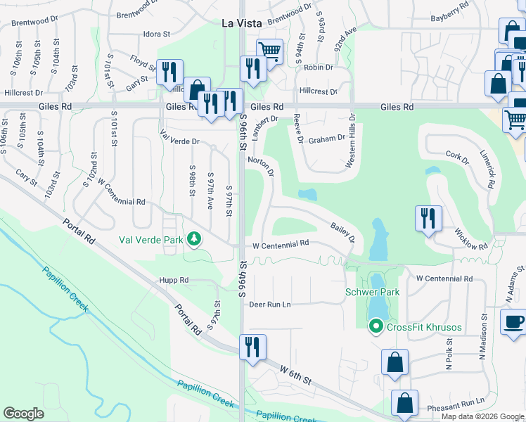 map of restaurants, bars, coffee shops, grocery stores, and more near 1011 Norton Drive in Papillion