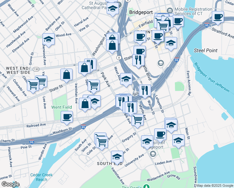 map of restaurants, bars, coffee shops, grocery stores, and more near 680 Park Avenue in Bridgeport