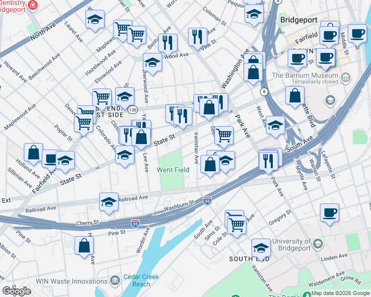 map of restaurants, bars, coffee shops, grocery stores, and more near 841 Iranistan Avenue in Bridgeport