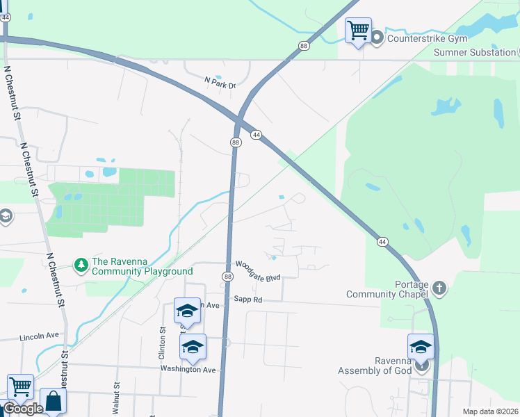 map of restaurants, bars, coffee shops, grocery stores, and more near 743 Coe Road in Ravenna