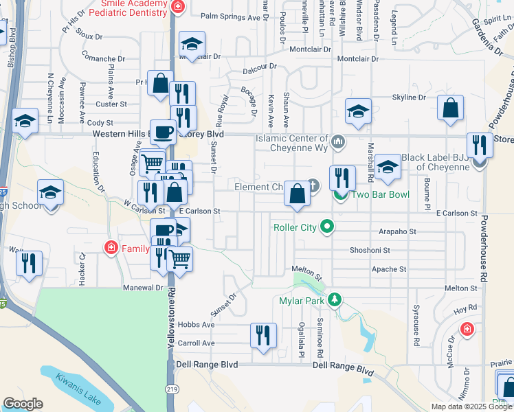 map of restaurants, bars, coffee shops, grocery stores, and more near 307 Miller Lane in Cheyenne