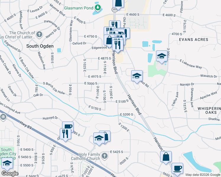 map of restaurants, bars, coffee shops, grocery stores, and more near 5010 South 1200 East in Ogden