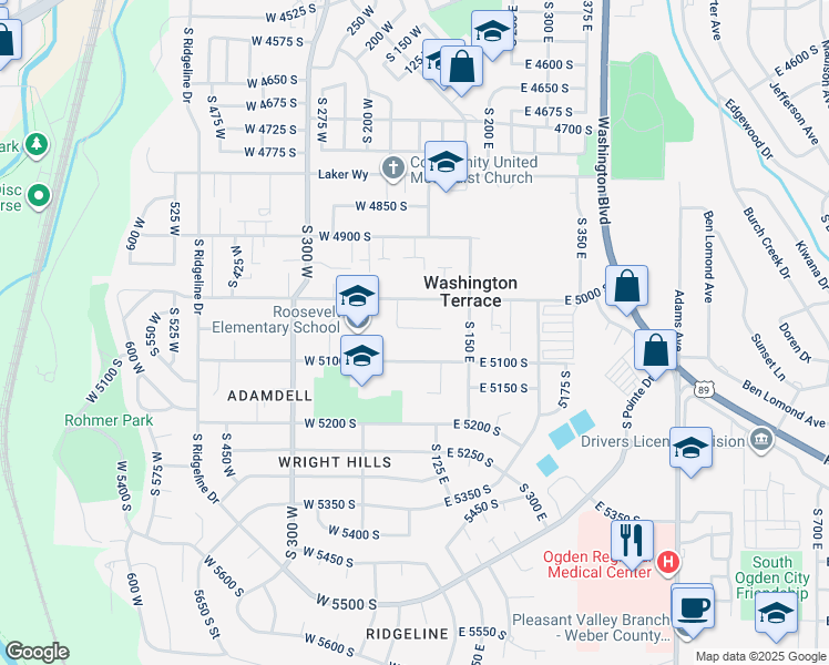 map of restaurants, bars, coffee shops, grocery stores, and more near 5025 South 150 West in Ogden