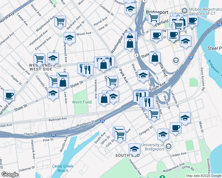 map of restaurants, bars, coffee shops, grocery stores, and more near 89 Cottage Street in Bridgeport