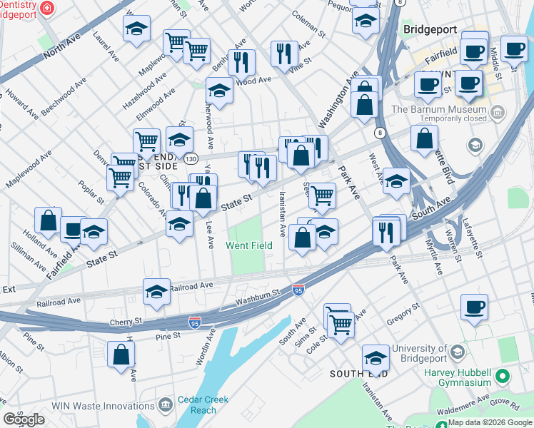 map of restaurants, bars, coffee shops, grocery stores, and more near 841 Iranistan Avenue in Bridgeport