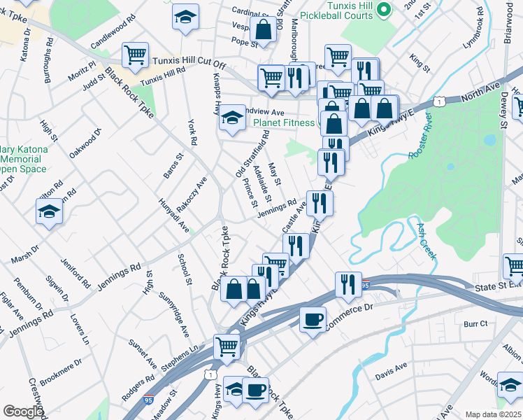 map of restaurants, bars, coffee shops, grocery stores, and more near 29 Adelaide Street in Fairfield