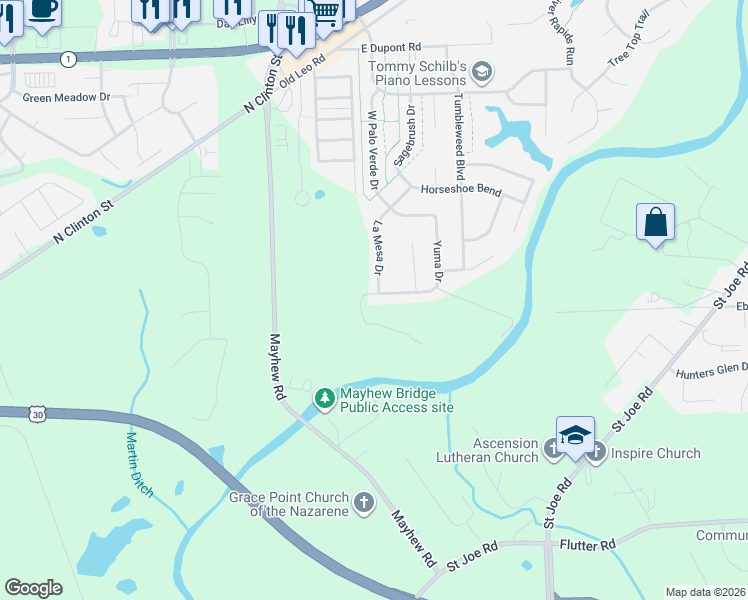 map of restaurants, bars, coffee shops, grocery stores, and more near 5709 Rio Canyon Run in Fort Wayne