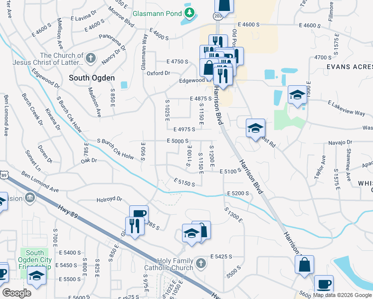 map of restaurants, bars, coffee shops, grocery stores, and more near 5025 South 1100 East in South Ogden