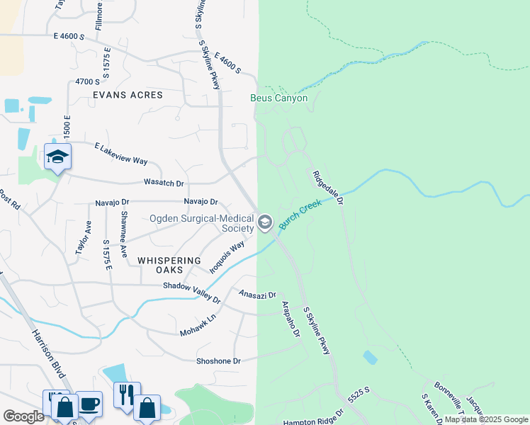 map of restaurants, bars, coffee shops, grocery stores, and more near 5056 Skyline Parkway in Ogden