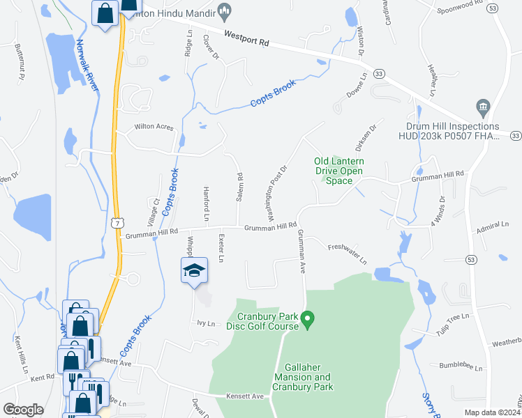 map of restaurants, bars, coffee shops, grocery stores, and more near 119 Washington Post Drive in Wilton