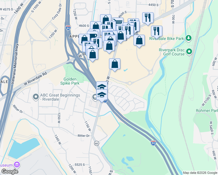 map of restaurants, bars, coffee shops, grocery stores, and more near 5098 South 1050 West in Riverdale